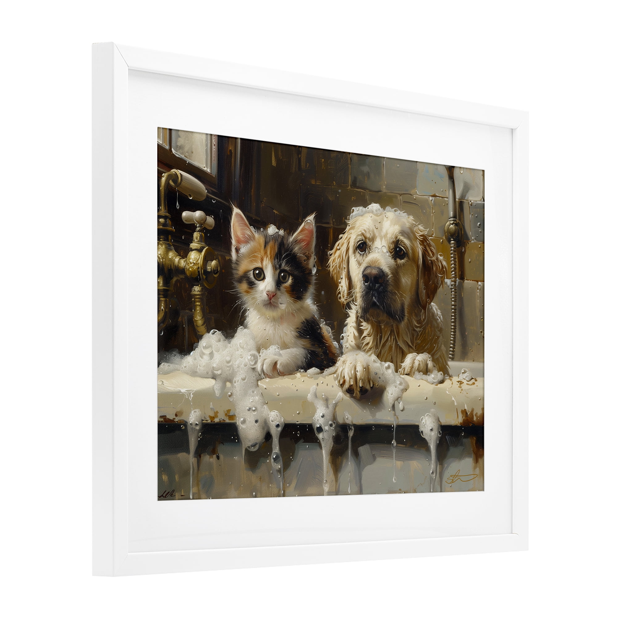 Bath Buddies Cat & Dog White Framed Print Under Glass, design by Shawna Stewart