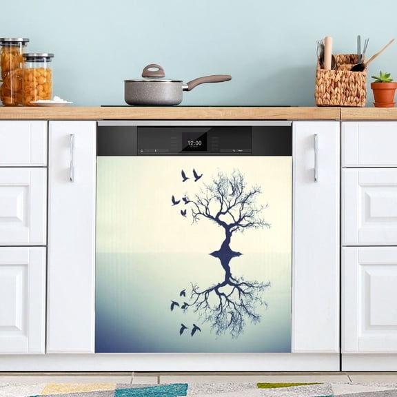 Dishwasher Magnet Cover Magnetic Fridge Door Cover Home Kitchen Decor Tree and Bird Reflections 23"x 26"