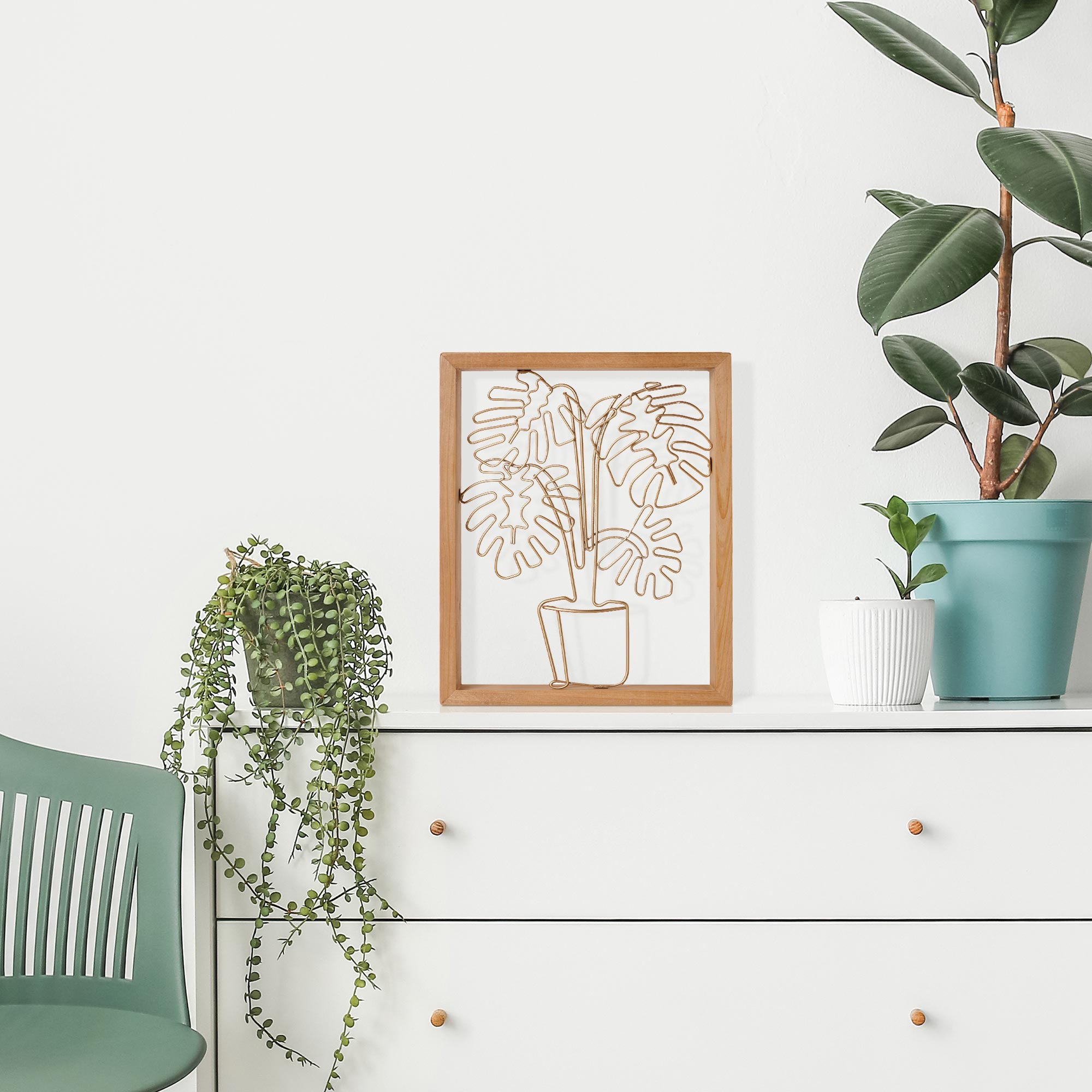 Potted Plant Gold Metal Wire and Wood Framed Farmhouse Wall Art Decor - 8" x 10"