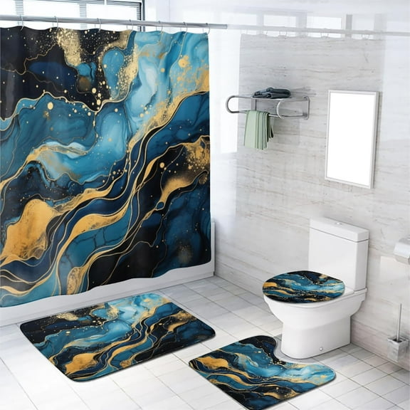 Purple Marble Shower Curtain Set with Rugs for Bathroom Decor Abstract Gold Modern Elegant Ombre Watercolor Ink Art with Non-Slip Rugs, Toilet Lid Cover and Bath Mat, for Bathroom Decor, 72x72 Inch