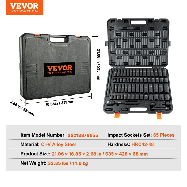VEVOR 1/2" Drive Impact Socket Set, 65 PCS Standard SAE (3/8" to 1-1/4") & Metric (10-24 mm) Sizes, 6 Point Cr-V Alloy Steel Includes Adapters & Ratchet Handle & Storage Case