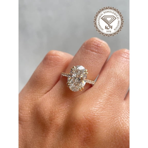 solitaire jewels IGI Certified Hidden Halo 4CT Oval Cut Lab Grown Diamond Engagement Ring For Women, 14K Yellow Gold, EF Color VS Clarity