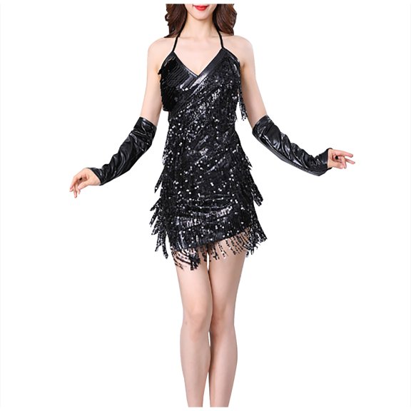 Uaswgudfs Sleeveless V-Neck Fringed Sundress - Summer Dresses for Women 2025 Casual Midi Dress with Sequins & Lightweight Fabric Black Free Size