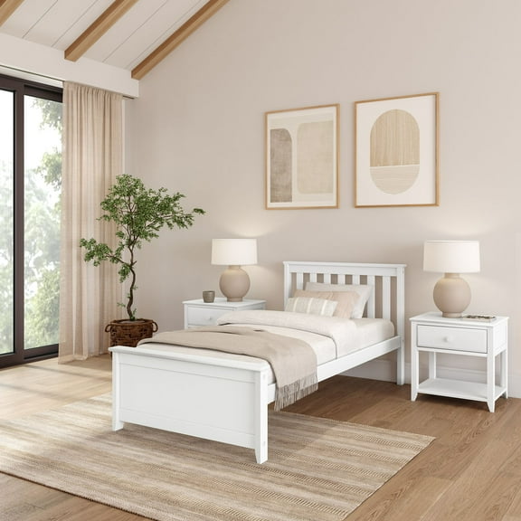 Plank Beam Solid Wood Twin Bed Frame with Headboard, Classic Twin Size Adults Platform Bed