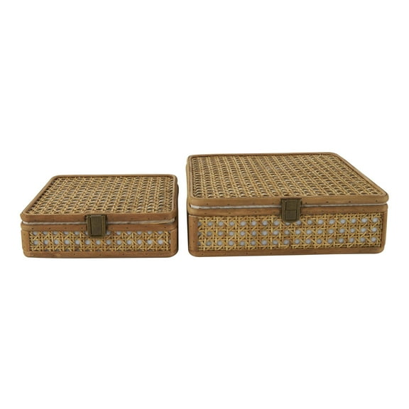 DecMode Handmade Woven Rattan Brown Rattan Decorative Box with Bronze Latches, 2 Count