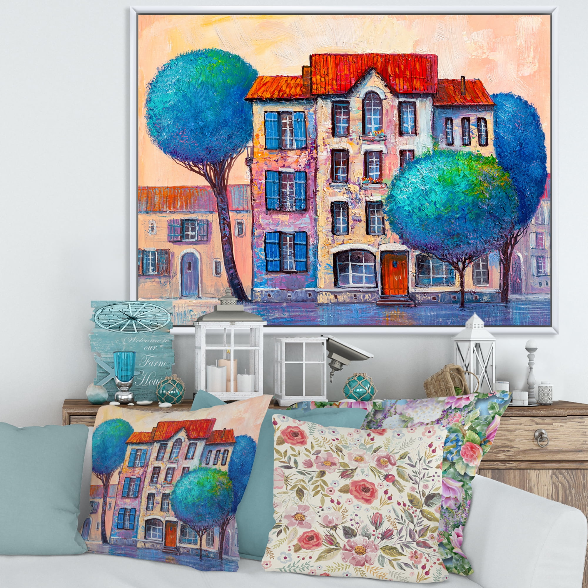 Designart 'Colorful Autumn Trees and A House With Red Roof' Modern Framed Canvas Wall Art Print