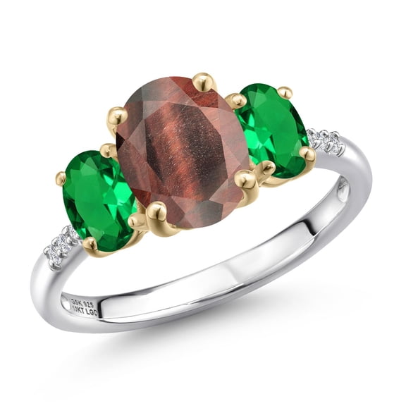 Gem Stone King 925 Silver and 10K Yellow Gold Red Tiger Eye and Green Nano Emerald and Lab Grown Diamond Engagement Ring for Women | 2.36 Cttw | Oval 9X7MM | Birthstone | Size 5