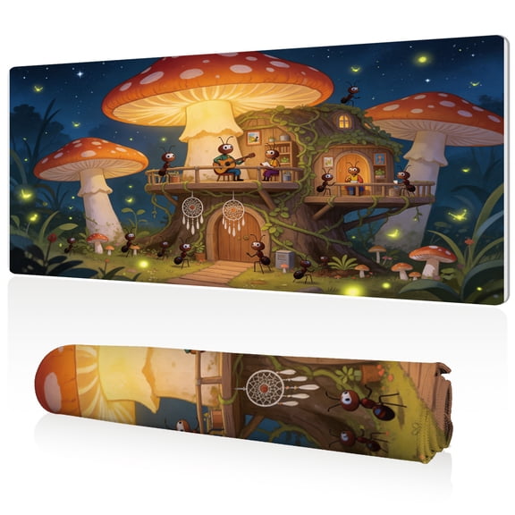 LIVEKEY Extra Large Mouse Pad 80x40x0.3cm Enchanted Mushroom House Design Full Desk Coverage Non Slip Durable Easy Clean Stitched Edges for Gaming and Office