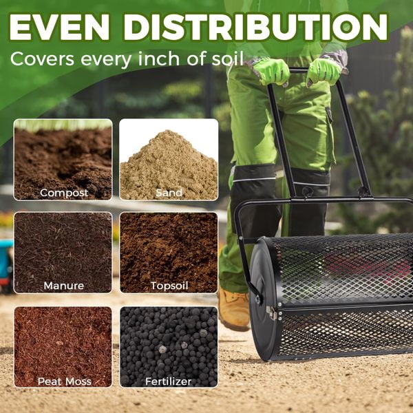 24 inch Compost Spreader for Lawn, Garden Peat Moss with Double Side Latches, Powder Coated Steel Mesh Basket for Topdressing & Seedling, Black