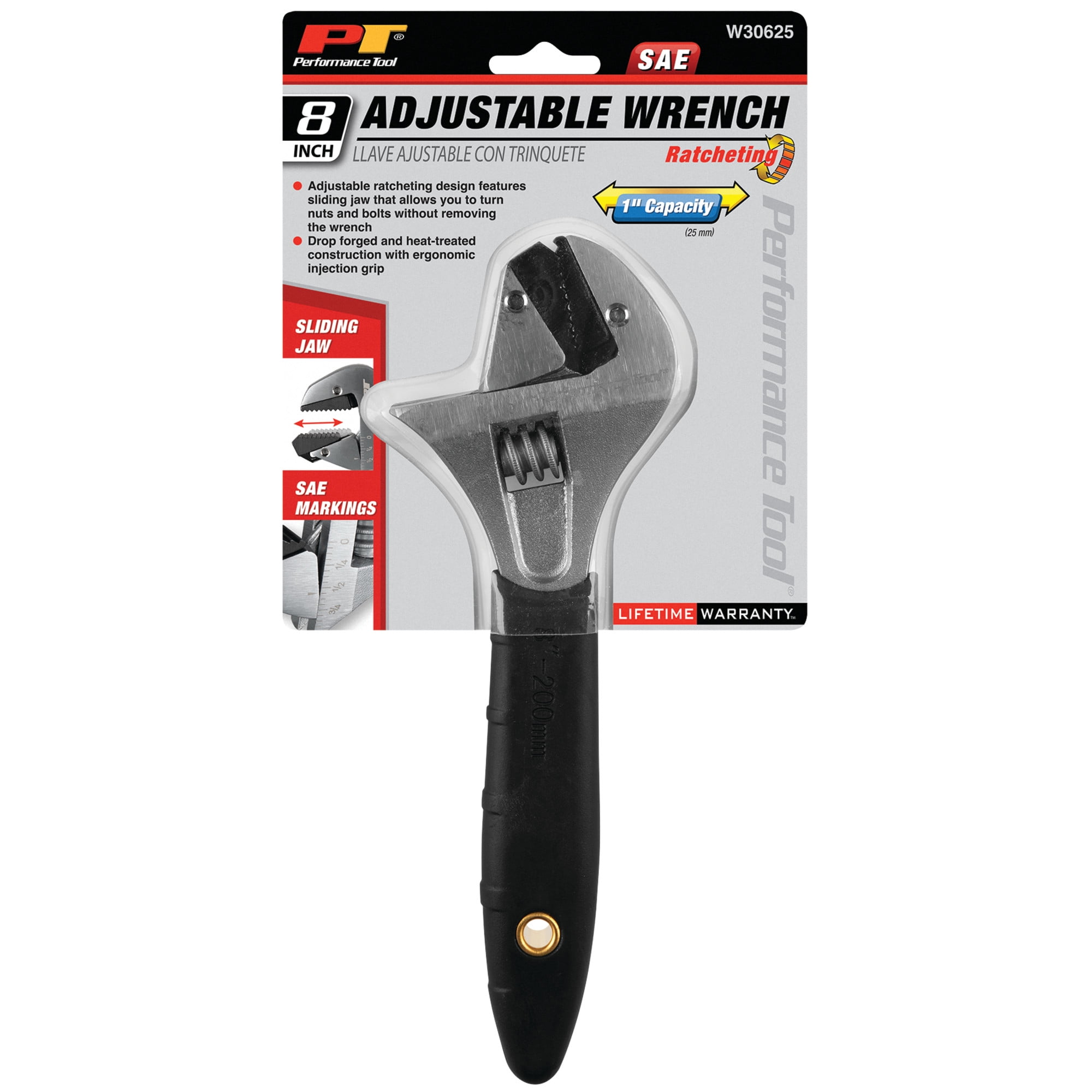 Performance Tool W30625 8 In. Ratcheting Adjustable Wrench - Sliding Jaw, Adjustable, Chrome Vanadium Directional Teeth, Black
