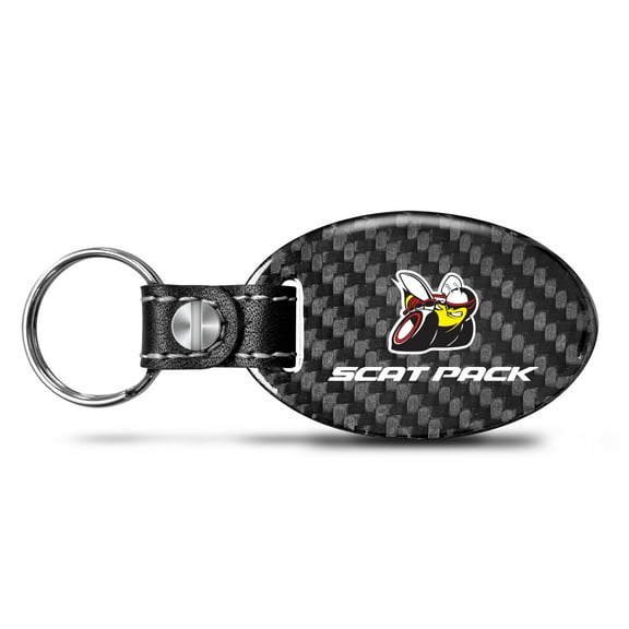 Dodge Scat-Pack Real Carbon Fiber Large Oval Shape Black Leather Strap Key Chain