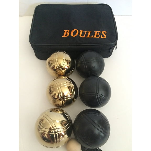 BuyBocceBalls Listing - Unique 6 Ball 73mm Metal Bocce/Petanque Set with 3 Black Balls and 3 Gold Balls