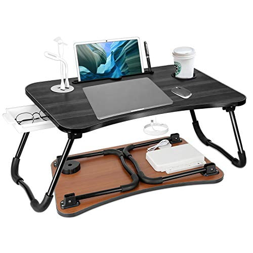 Laptop Bed Desk Foldable Table Portable With Cup Holder Storage Drawer Usb Charging Port Light Fan Trays Eating Reading Watching On Com Laptop Bed Desk Foldable Table, Bed Desk Tray With Charger