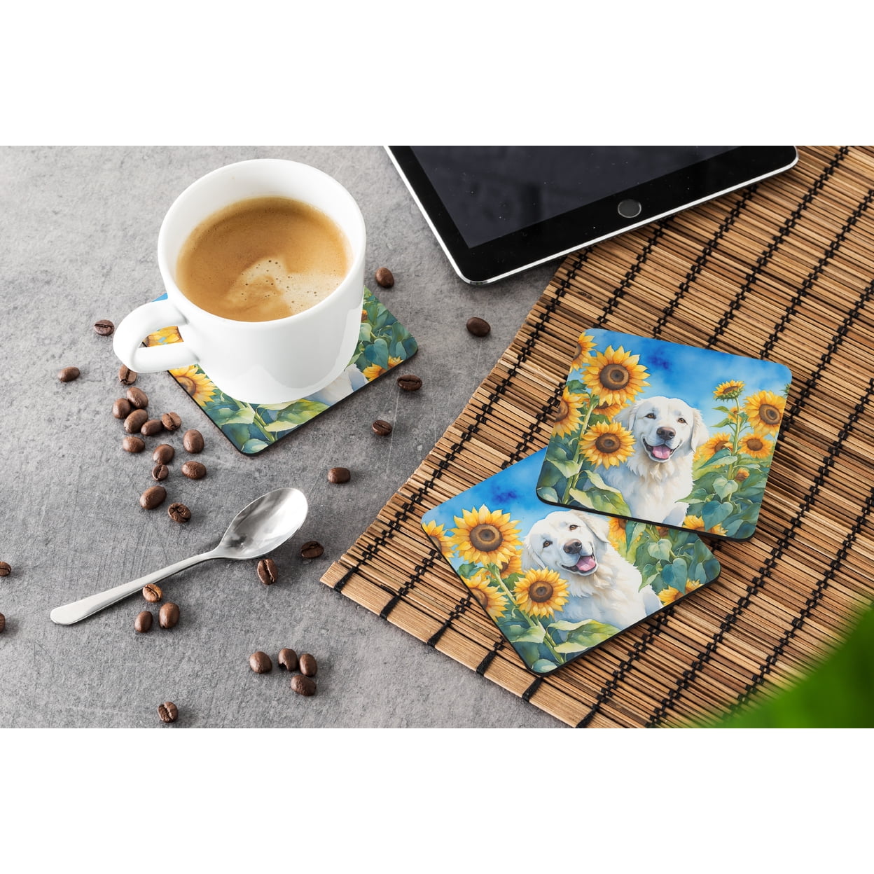 Kuvasz in Sunflowers Foam Coasters 3.5 in x 3.5 in