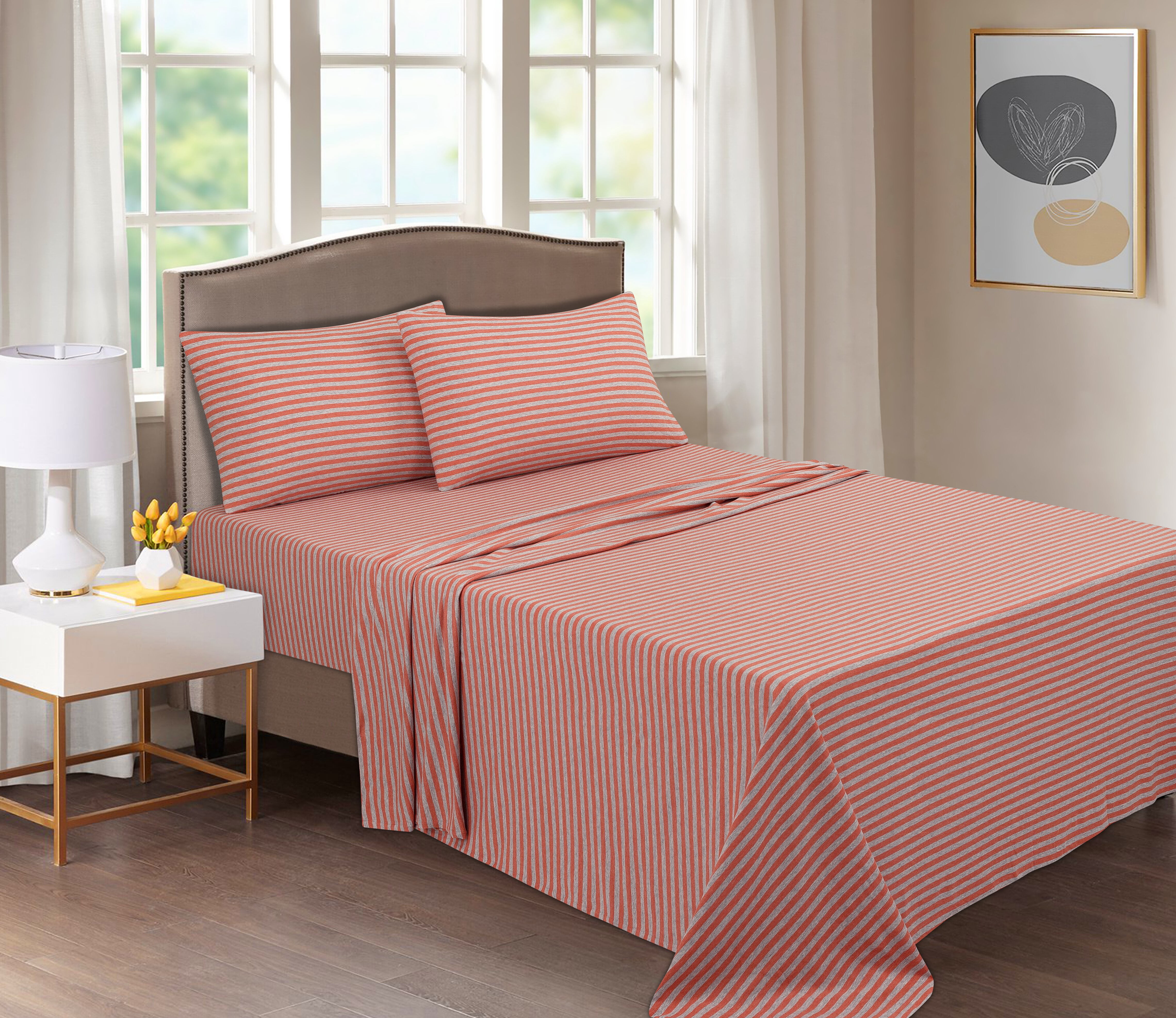 Mainstays Extra Soft Jersey Bed Sheet Set King Orange Stripes 4
