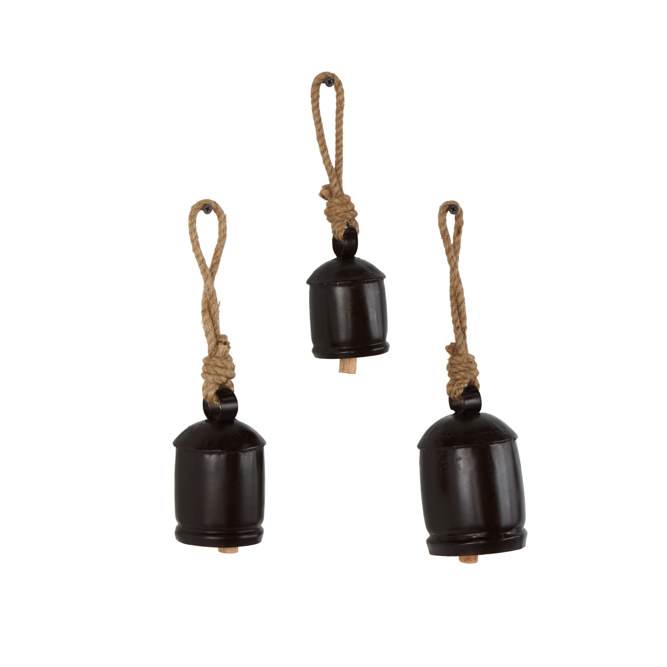 DecMode Tibetan Inspired Dark Brown Metal Cylindrical Decorative Cow Bells with Jute Hanging Rope, 3 Count