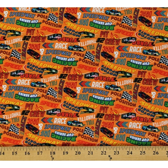 Cotton Racecars Race Car Driving Racing Turbo Speed Racing Words Orange Cotton Fabric Print by the Yard (25110-56)