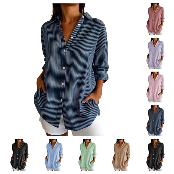 SAWOBUUN Womens Button Down Shirts Long Sleeve Striped Dress Shirt Collared Office Work Blouses Tops