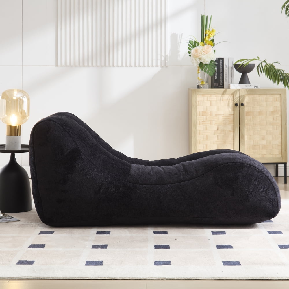 Pawverly Ergonomic Bean Bag Sofa Chair for Adults, 59-Inch Black Lounge Chair, Sponge Filled, Modern Curved Beanbag Sofa for Living Room & Bedroom
