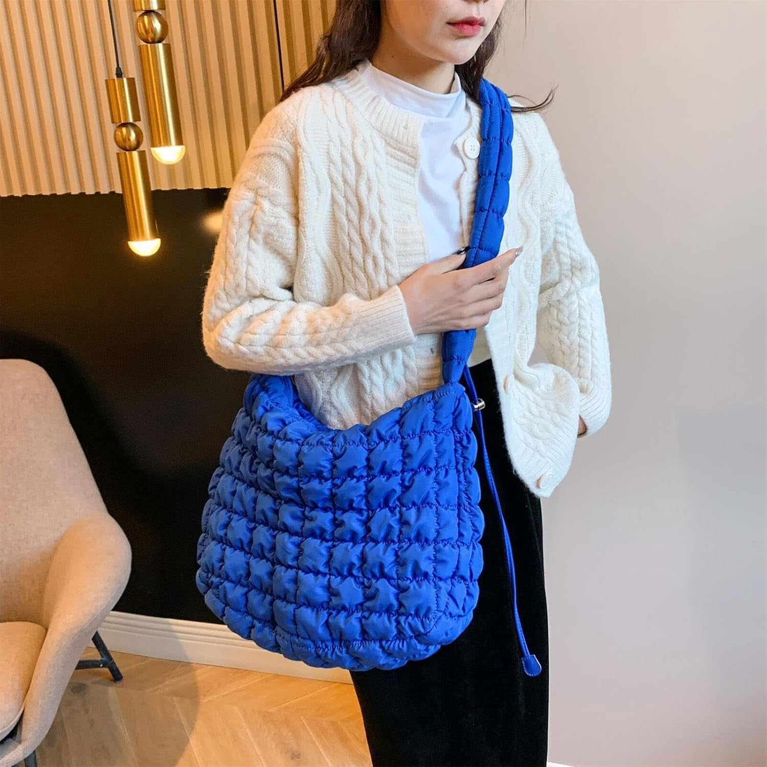 CoCoMangos Cotton Padded Shoulder Crossbody Bag for Women Large Hobos Quilted Handbag and Purses Lightweight Adjustable Shoulder Strap