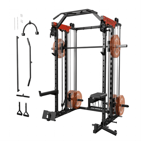 Mikolo Smith Machine, 2000LBS Power Cage Squat Rack LAT Pull-Downs, Cable Crossover, Red