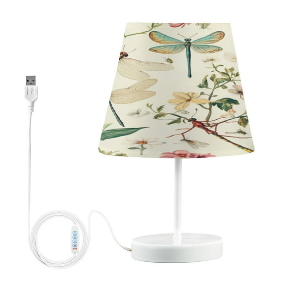 WOBOGO Dragonfly Print Painting Table Lamps Bedroom 3-Speed Dimmable Farm Style with Fabric Shade for Reading and Home Office