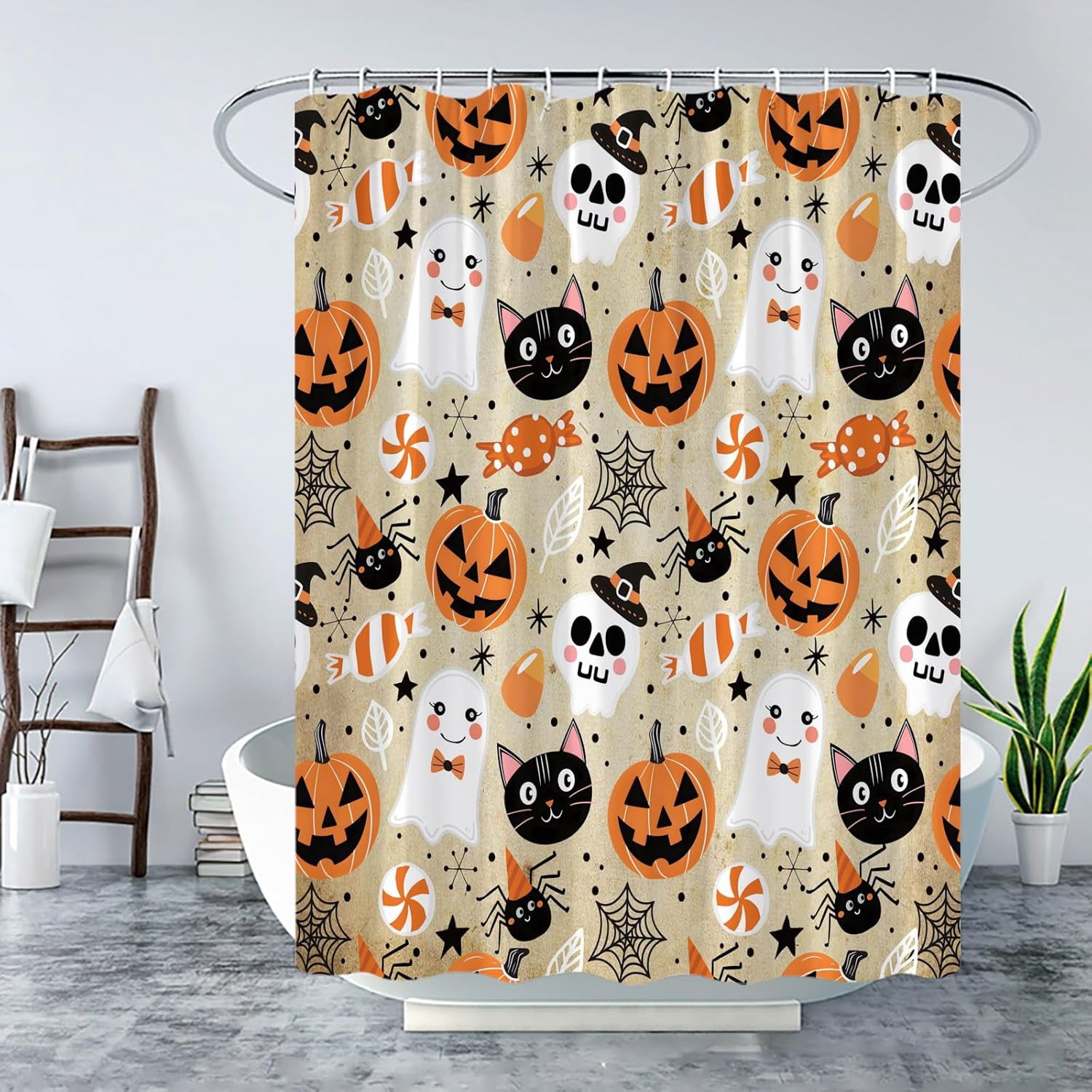 Happy Halloween Shower Curtain Cute Cartoon Pumpkin Spooky Ghost Orange Pumpkin Head Icons Funny Black Cat Spider‘s Web Skull Skeleton Witch Hat Fabric Bath Curtain Set with Hook