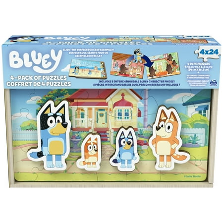 UPC: 0778988410813 | Bluey 4-Pack of Wooden Puzzles with Bingo Mum and Dad Characters 24 Piece Jigsaw Toy Gift Set for Kids Aged 3 and up