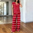 thumbnail image 3 of Ohufall Women's Two Pieces Sets V Neck Short Sleeve Loose Tops + Wide Leg Pocket Lounge Pants Striped Sets, 3 of 5