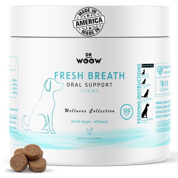 Dr. Woow Fresh Breath Chews for Dogs — Daily Oral Support with Turkey Tail Mushroom, Parsley, Kelp & Clove | Targets Odor from Within | All Breeds & Life Stages | 120 Soft Chews | Chicken Flavor |