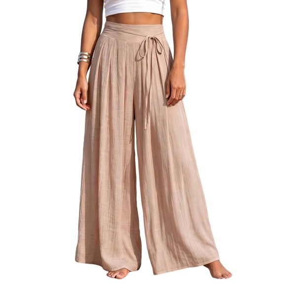 Yyeselk Women Cotton Linen Wide Leg Pants Flowy Pleated Palazzo Baggy Slacks Stretch High Waisted Side Drawstring Casual Trousers for Beach Vacation Travel Pink M