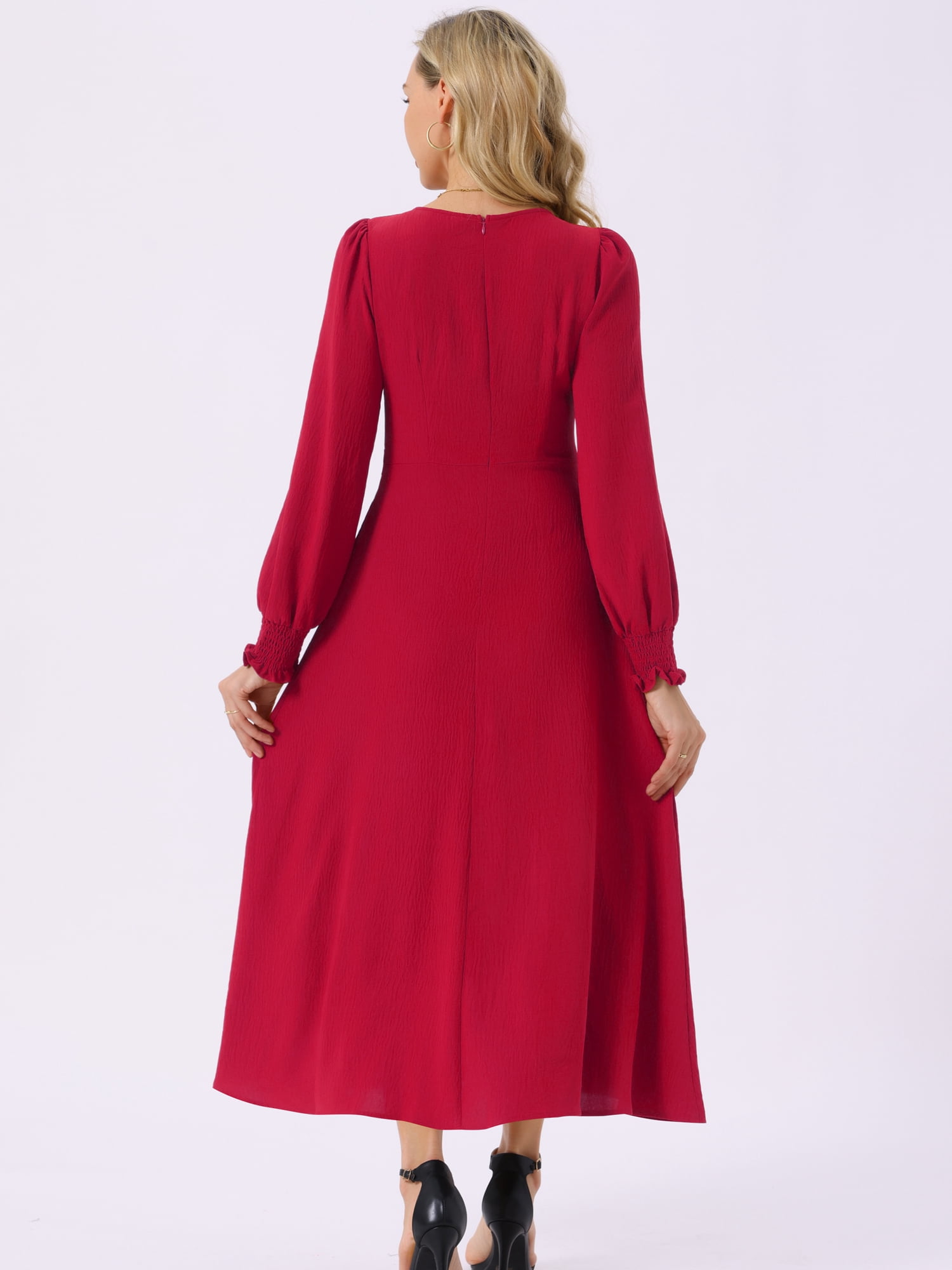 DARING DIVA Frilled Crewneck Long Sleeve Midi Fall Dress L Red