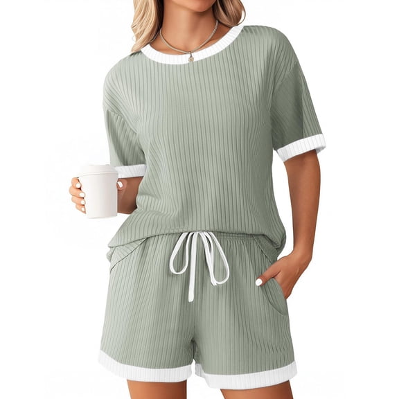 Summer 2 Piece of Outfits Casual Plus Size Crew Neck Short Sleeve Ribbed Contrast Drawstring Shorts Casual Loungewear 2 Piece Set
