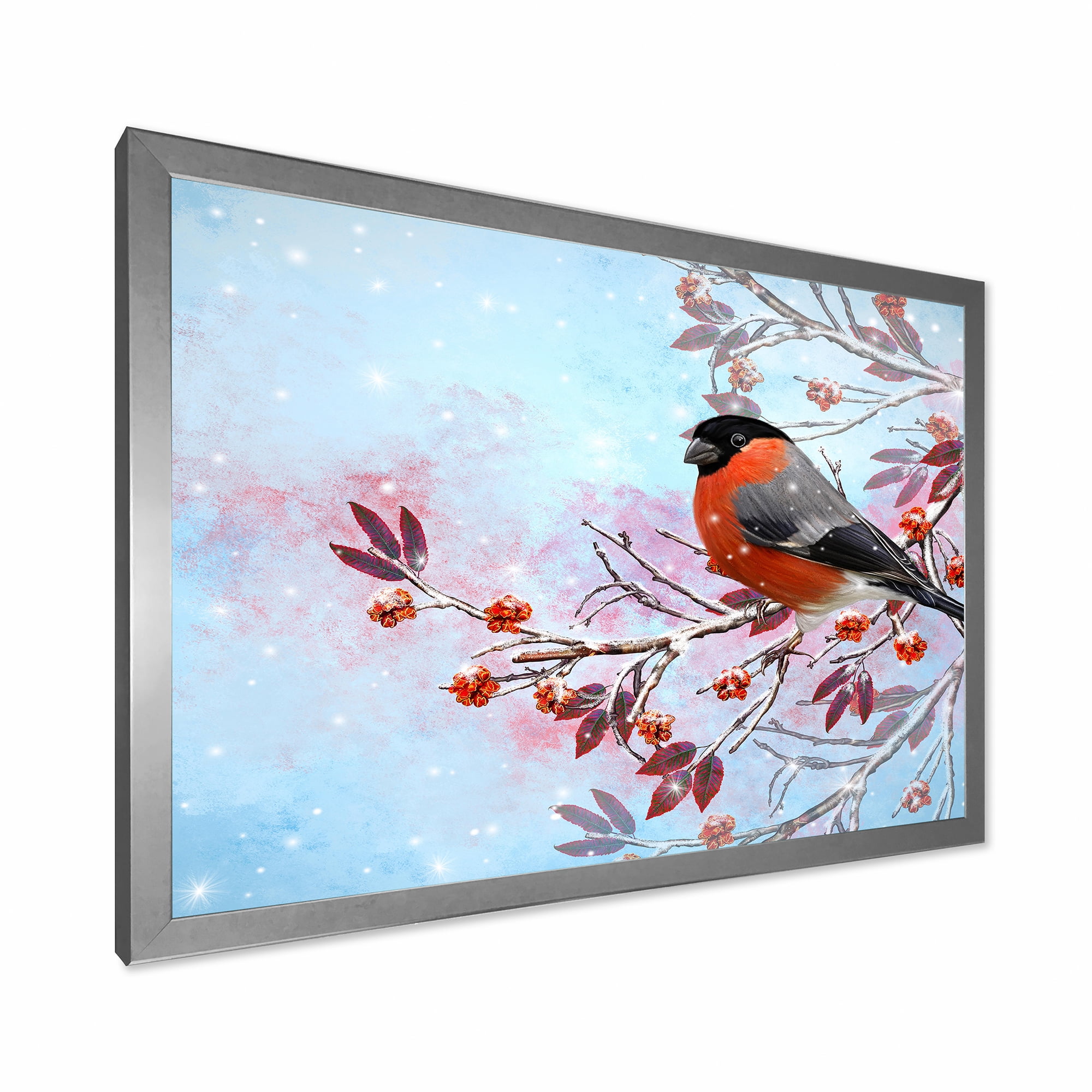 Designart 'A Bright Bullfinch Bird Sitting On A Branch' Traditional Framed Art Print