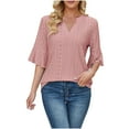 thumbnail image 2 of Jalioing Womens 3/4 Sleeve Blouse Notched V-Neck Shirt Top Solid Color Casual Pullover T-Shirt Tops (Small, Watermelon Red), 2 of 7