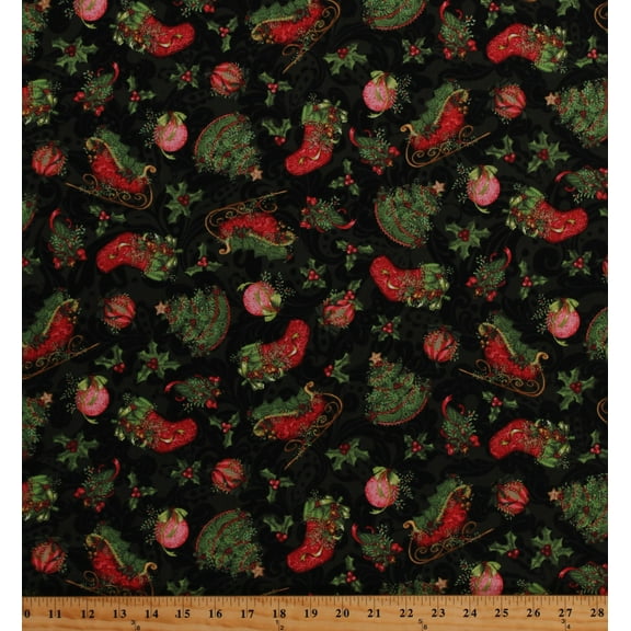 Cotton Christmas Stockings Ornaments Festive Pine Trees Sleigh Holly Vines Berries Winter Holiday Cotton Fabric Print by the Yard (66676-A620715)