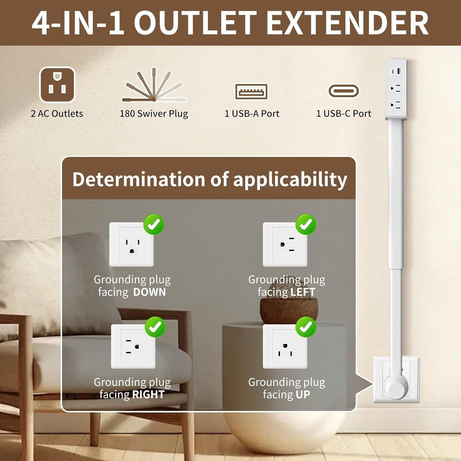Outlet Extender Stick with Rotating Plug, Extendable 17"-27" Electrical Outlet with 2 AC Outlets/USB-A/USB-C Port, Perfect for Behind Couches, Nightstand, Desk
