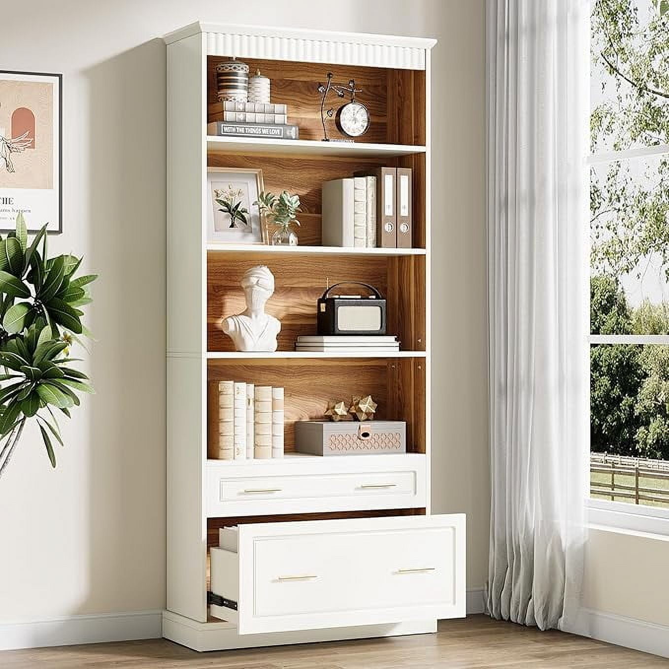 Tribesigns 5-Shelf Bookcase with File Cabinet Drawer, Modern Storage Shelf for Living Room, White