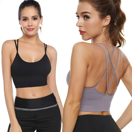 

Padded Comfortable Workout Bras Black & Purple Cross Back Sports Bras with Low Impact for Women Strappy Yoga Bra for Indoor Outdoor Running Fitness L Size 2 Pack