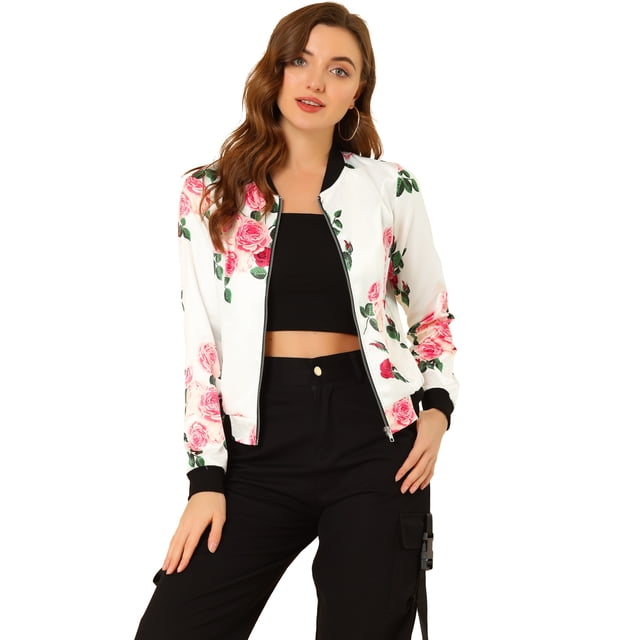 Dde San Patricio ChaqueDe Bombardero Floral LigeCon CremalleY Cuello Alto PaMujer Blanco rojo L