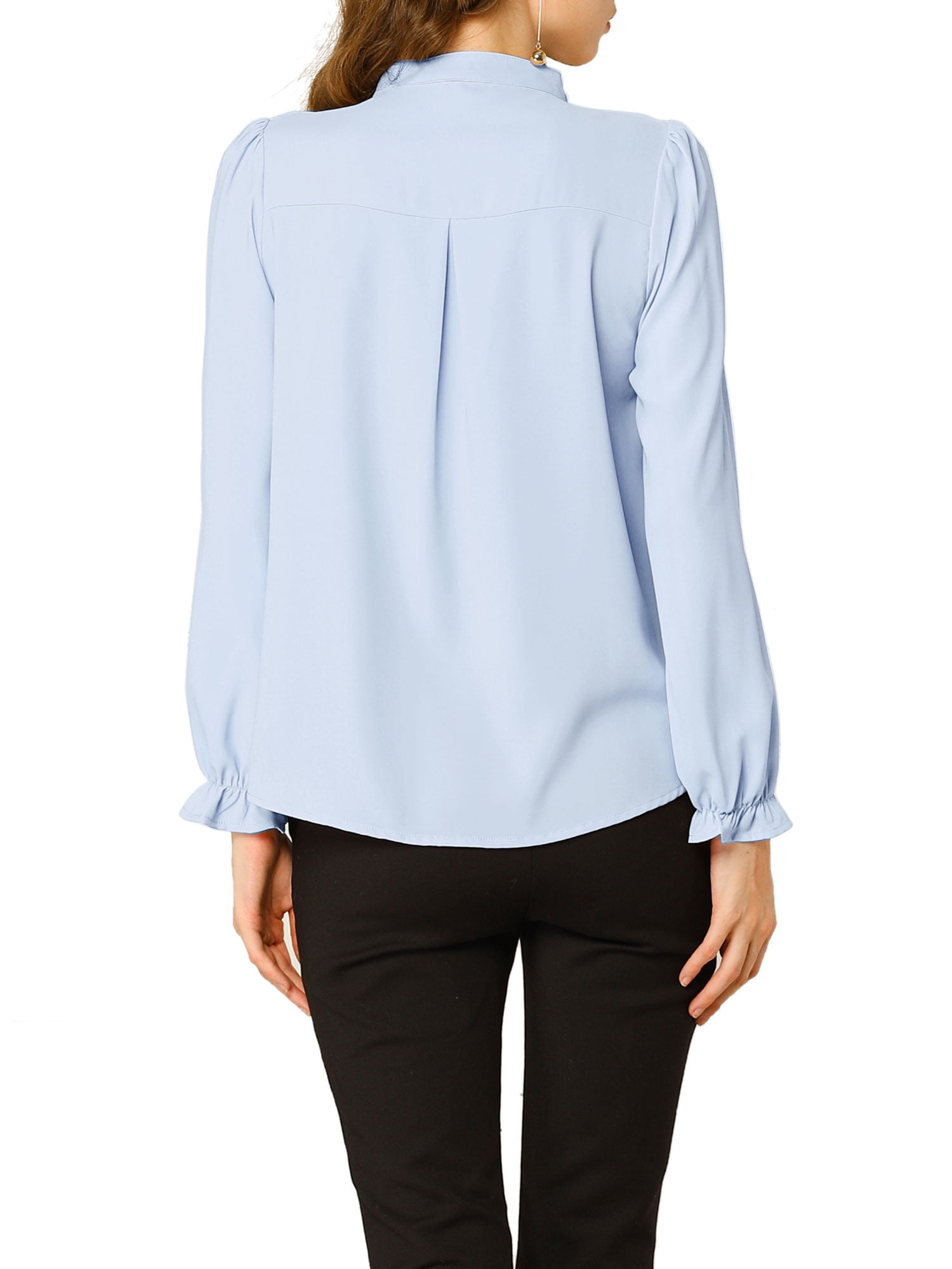 DARING DIVA Women's Chiffon Stand Collar Ruffled Trim Work Blouse XS Light Blue