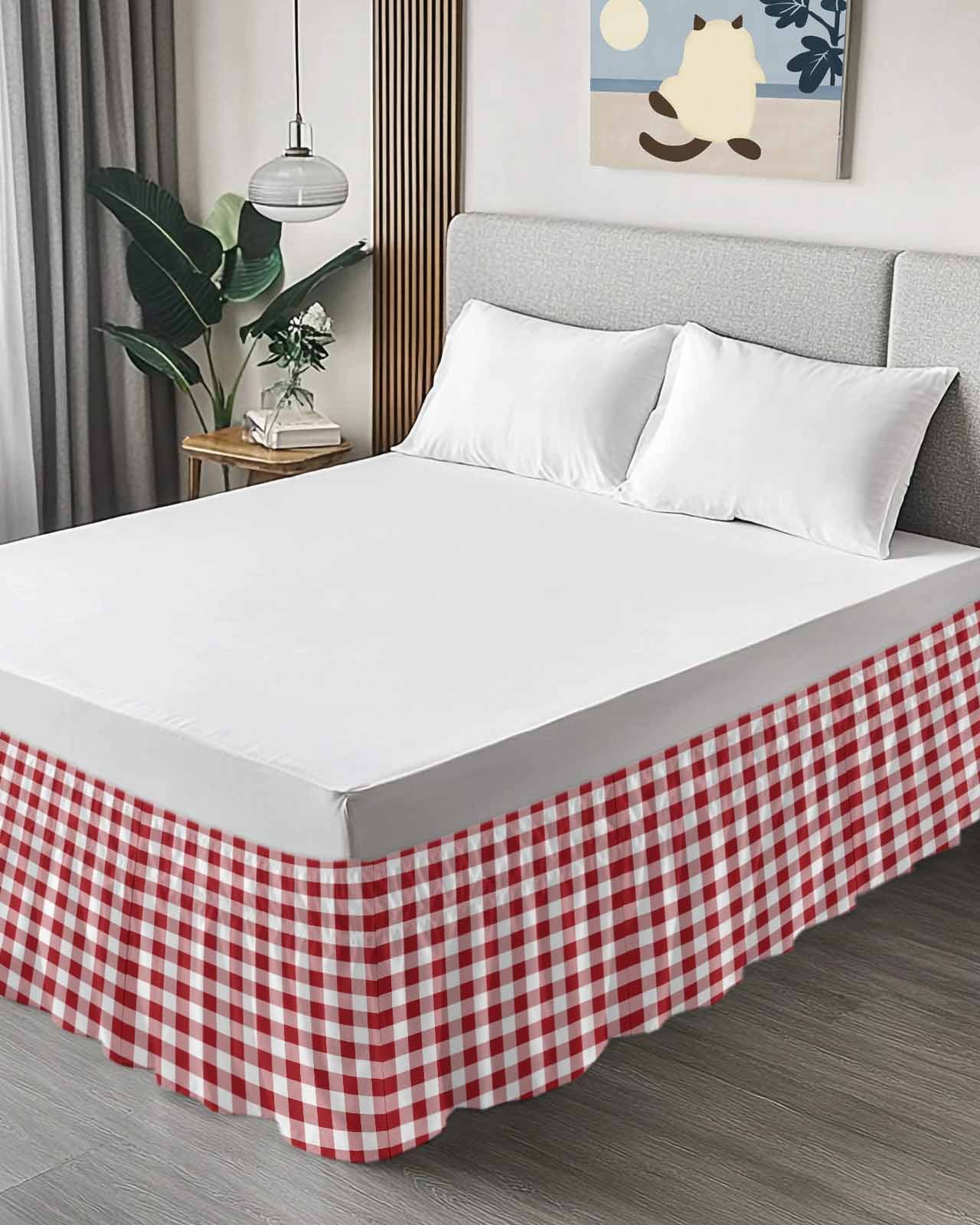 Red White Bed Skirt Buffalo Plaid Bed Skirts Queen Size 16 Inch Drop, Wrap Around Dust Ruffle&nbsp;Bedskirt with Adjustable Elastic Belt for Queen Size Beds