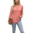 thumbnail image 3 of Ronuti Womens T-shirts 3/4 Sleeve Henley Tops for Women Ladies Premium Printed T-shirt Solid color Tops Watermelon Pink T-shirts, 3 of 8