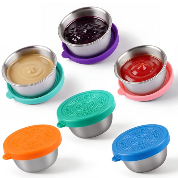 6 Pack Salad Dressing Container To Go, 1.6 oz / 50ml Reusable Small Condiment Containers with Lids, Stainless Steel Sauce Cups with Leakproof Silicone Lids, Dishwasher Safe Metal Dipping Sauce Contai