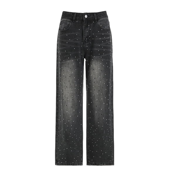 HSMQHJWE Baggy Jeans Women High Waist Straight Leg Rhinestone Denim Trousers Casual Cargo Jeans Bootcut Straight Boyfriend Casual Trousers Streetwear