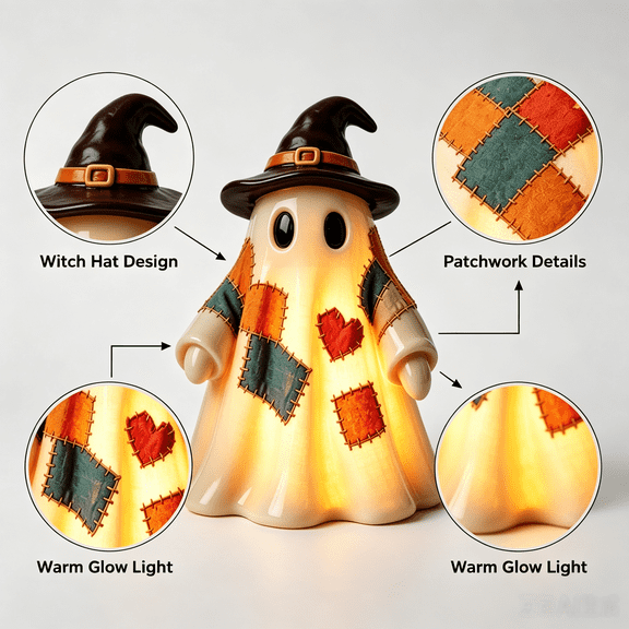Vintage Patchwork Ghost Night Light with Witch Hat LED Table Lamp, Halloween and Thanksgiving Decor, Soft Warm Light for Bedroom Living Room Party Centerpiece Multicolor