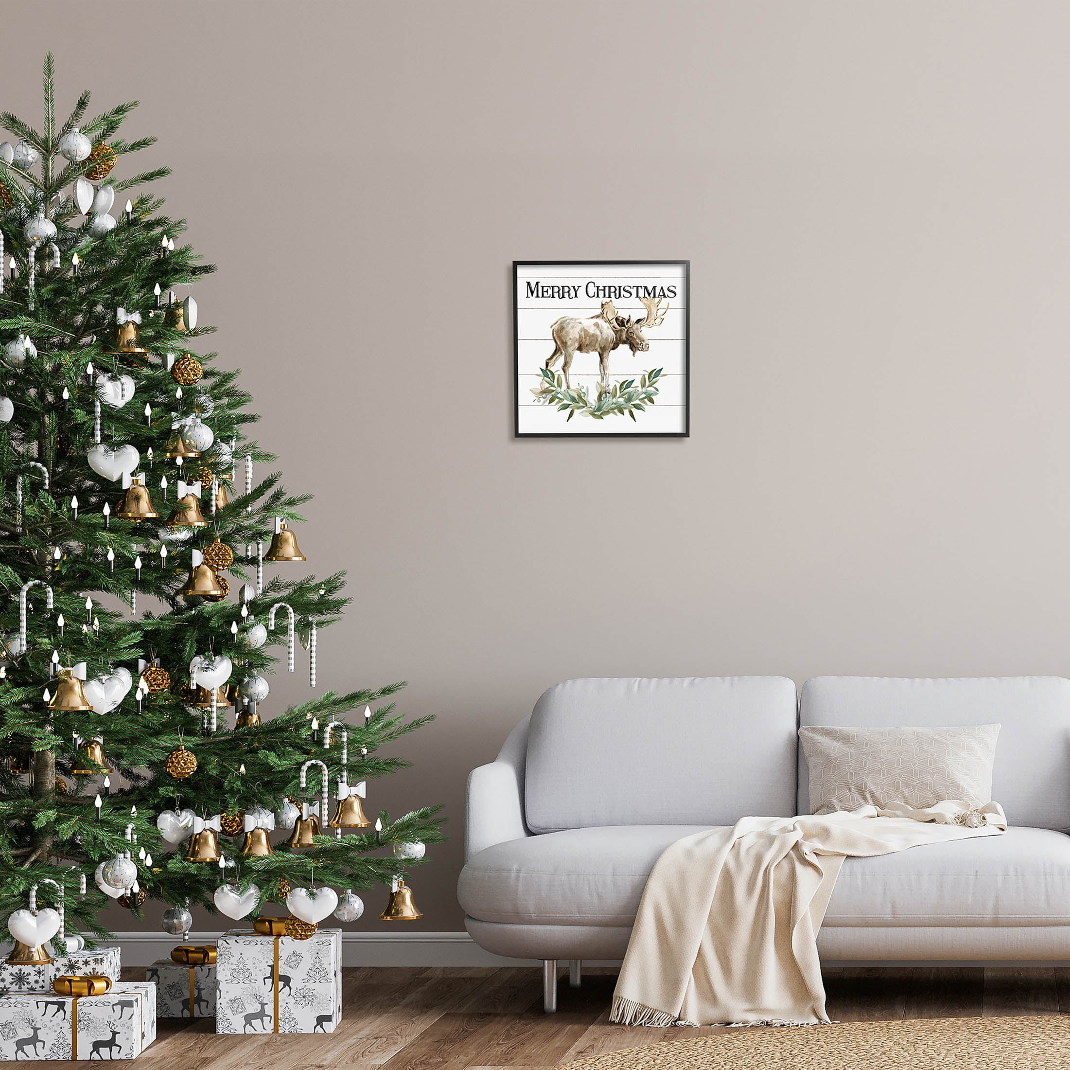 Stupell Industries Merry Christmas Moose Laurel Graphic Art Black Framed Art Print Wall Art, Design by Carol Robinson