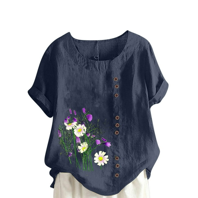 Cameland Hauts pour Femmes Col Rond Manches Courtes Imprimé Floral Chemise Ample