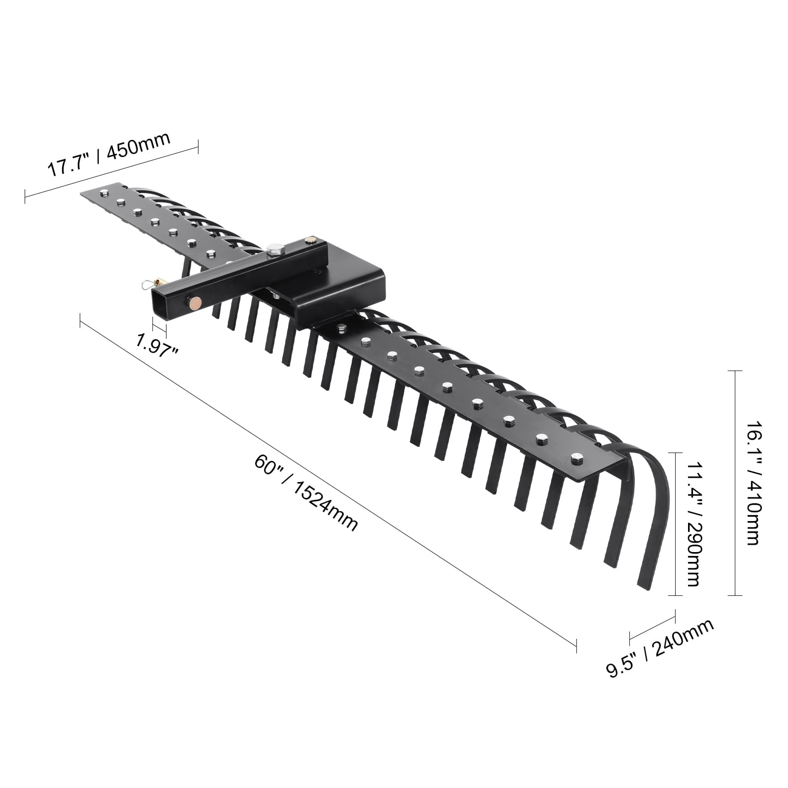 KFFKFF Landscape Rake, 60" Tow-Behind Dethatcher, Equipped with 21 Durable Steel Tines, Compatible with 48" or 60" Toolbars & 3-Point Hitch Systems, Ideal for Collecting Leaves