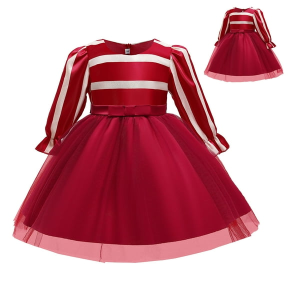 Girls Princess Dress Tulle Striped Long Sleeve Christmas Birthday Wedding Party Gown